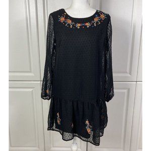Japna Size M Black Swiss Dot Floral Embroidered Ruffle Hem Shift Dress Boho